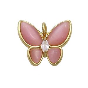 Copper Butterfly Pendant Pave Pink Catseye Gold Plated, approx 16-18mm