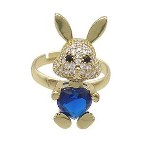 Copper Rabbit Ring Pave Zircon Blue Crystal Adjustable Gold Plated, approx 11-25mm, 18mm dia