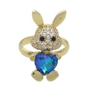 Copper Rabbit Ring Pave Zircon Blue Crystal Adjustable Gold Plated, approx 11-25mm, 18mm dia