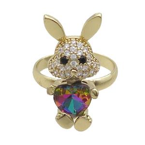 Copper Rabbit Ring Pave Zircon Rainbow Crystal Adjustable Gold Plated, approx 11-25mm, 18mm dia