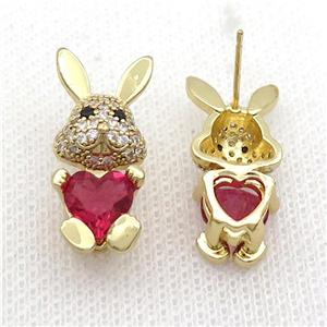 Copper Rabbit Stud Earring Pave Zircon Red Crystal Gold Plated, approx 11-25mm