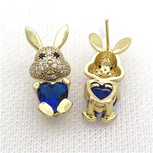 Copper Rabbit Stud Earring Pave Zircon Deepblue Crystal Gold Plated, approx 11-25mm