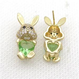 Copper Rabbit Stud Earring Pave Zircon Green Crystal Gold Plated, approx 11-25mm