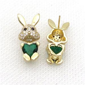 Copper Rabbit Stud Earring Pave Zircon Green Crystal Gold Plated, approx 11-25mm