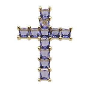 Copper Cross Pendant Pave Purple Crystal Glass Gold Plated, approx 22-32mm