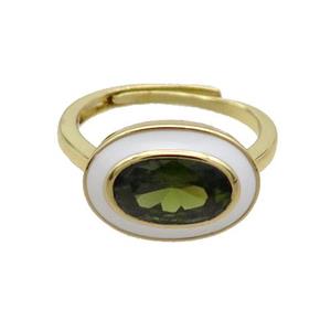 Copper Ring Pave Green Crystal Oval White Enamel Adjustable Gold Plated, approx 11-15mm, 18mm dia