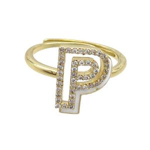 Copper Ring Pave Zircon P-Letter Adjustable Enamel Gold Plated, approx 10-14mm, 18mm dia