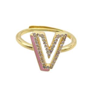 Copper Ring Pave Zircon V-Letter Adjustable Enamel Gold Plated, approx 10-14mm, 18mm dia