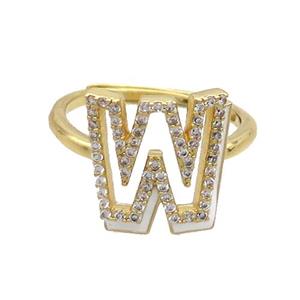 Copper Ring Pave Zircon W-Letter Adjustable Enamel Gold Plated, approx 10-14mm, 18mm dia