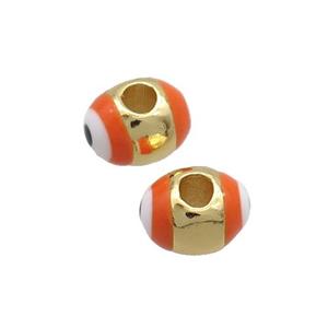 Copper Barrel Beads Orange Enamel Eye Large Hole Gold Plated, approx 5.5-7mm, 2mm hole