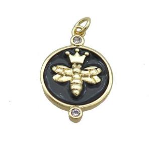 Copper Honeybee Pendant Circle Black Enamel Gold Plated, approx 15mm