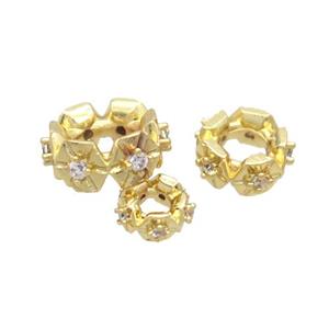 Copper Rondelle Beads Pave Zircon Large Hole Gold Plated, approx 10mm