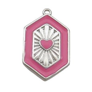 Copper Hexagon Pendant Pink Enamel Heart Platinum Plated, approx 13-20mm