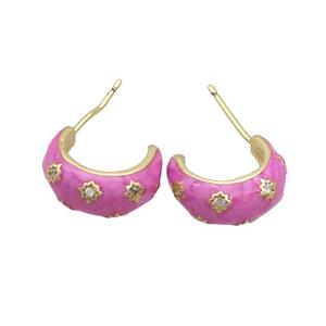 Copper Stud Earring Pave Zircon Hotpink Enamel Gold Plated, approx 14mm