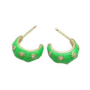 Copper Stud Earring Pave Zircon Green Enamel Gold Plated, approx 14mm