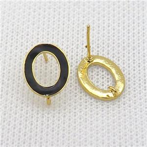 Copper Stud Earring Circle Black Enamel Gold Plated, approx 11-14.5mm