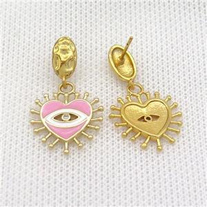 Copper Stud Earring Heart Pink Enamel Eye Gold Plated, approx 18mm, 6-10mm