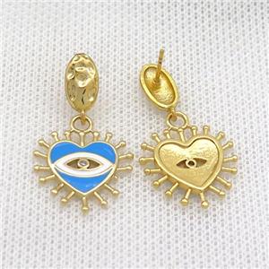 Copper Stud Earring Heart Blue Enamel Eye Gold Plated, approx 18mm, 6-10mm