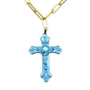 Copper Necklace Blue Lacquered Cross Gold Plated, approx 32-47mm, 5-15mm, 40-45cm length