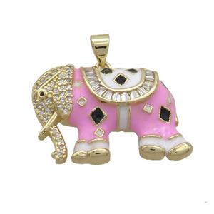 Copper Elephant Pendant Pave Zircon Pink Enamel Gold Plated, approx 20-30mm