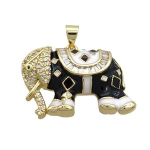 Copper Elephant Pendant Pave Zircon Black Enamel Gold Plated, approx 20-30mm