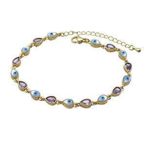 Copper Bracelets Pave Purple Zirocn Teardrop Evil Eye Gold Plated, approx 5-7mm, 18-24cm length