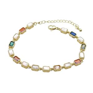 Copper Bracelets Pave Multicolor Zirocn Rectangle Gold Plated, approx 5-7mm, 18-24cm length