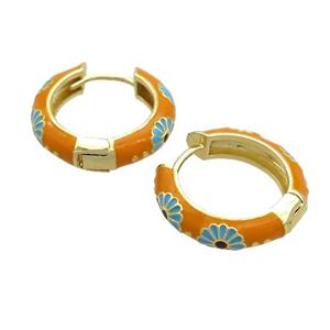 Copper Hoop Earrings Orange Enamel Gold Plated, approx 19mm dia