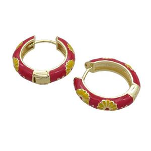 Copper Hoop Earrings Red Enamel Gold Plated, approx 19mm dia