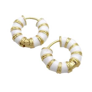 Copper Hoop Earrings White Enamel Gold Plated, approx 20mm dia