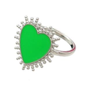 Copper Rings Heart Green Enamel Adjustable Platinum Plated, approx 19mm, 18mm dia