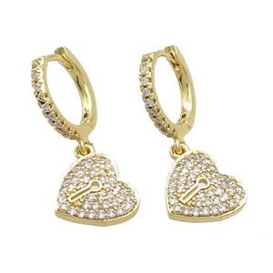 Copper Hoop Earring Pave Zircon Heart Gold Plated, approx 10mm, 14mm dia