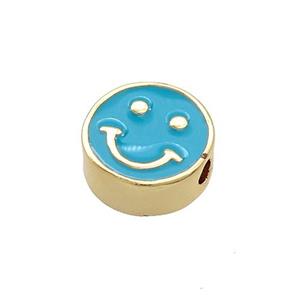 Copper Emoji Beads Teal Enamel Happy Face Gold Plated, approx 10mm