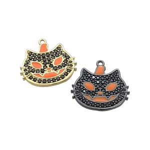 Copper Halloween Cat Charms Pendant Pave Zircon Orange Enamel Mixed, approx 17-20mm