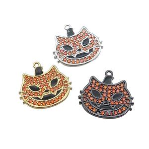 Copper Halloween Cat Charms Pendant Pave Orange Zircon Black Enamel Mixed, approx 17-20mm