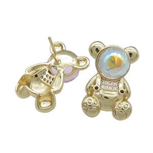 Copper Bear Stud Earrings Pave Zircon Crystal Glass Gold Plated, approx 13.5-20mm