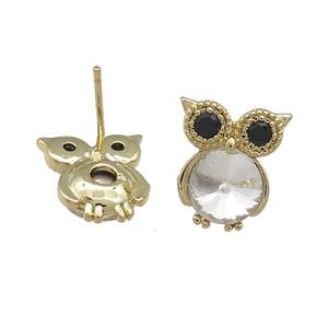 Copper Owl Stud Earrings Pave Crystal Glass Zircon Gold Plated, approx 10-14mm