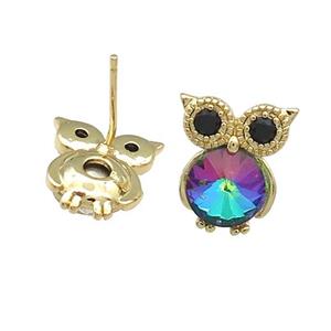 Copper Owl Stud Earrings Pave Crystal Glass Zircon Gold Plated, approx 10-14mm