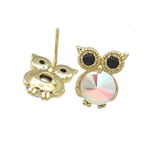 Copper Owl Stud Earrings Pave Crystal Glass Zircon Gold Plated, approx 10-14mm