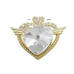 Copper Heart Pendant Pave Crystal Glass Zircon Angel Wings Gold Plated, approx 14mm, 21-25mm