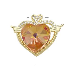 Copper Heart Pendant Pave Crystal Glass Zircon Angel Wings Gold Plated, approx 14mm, 21-25mm