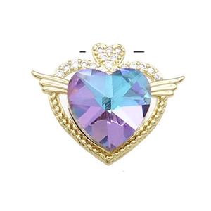 Copper Heart Pendant Pave Crystal Glass Zircon Angel Wings Gold Plated, approx 14mm, 21-25mm