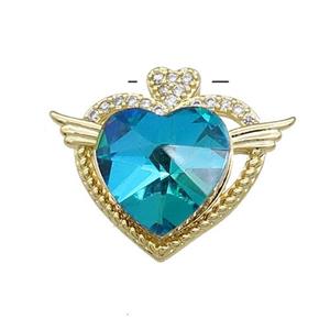 Copper Heart Pendant Pave Crystal Glass Zircon Angel Wings Gold Plated, approx 14mm, 21-25mm