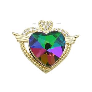 Copper Heart Pendant Pave Crystal Glass Zircon Angel Wings Gold Plated, approx 14mm, 21-25mm