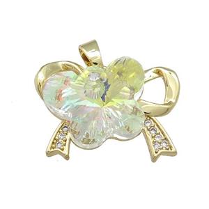 Copper Bowknot Pendant Pave Crystal Glass Zircon Gold Plated, approx 15-18mm, 18-25mm