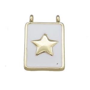 Copper Rectangle Pendant White Enamel Star 2loops Gold Plated, approx 12-18mm