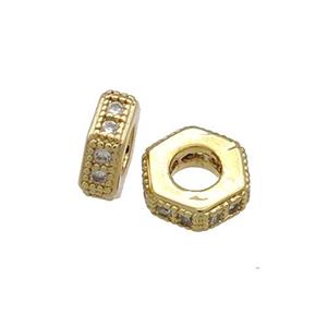 Copper Hexagon Beads Pave Zircon Gold Plated, approx 6mm