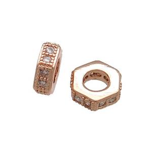 Copper Hexagon Beads Pave Zircon Rose Gold, approx 10mm