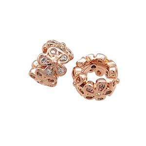 Copper Rondelle Beads Pave Zircon Flower Large Hole Rose Gold, approx 8mm