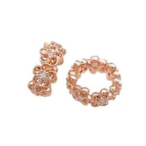 Copper Rondelle Beads Pave Zircon Flower Large Hole Rose Gold, approx 6mm